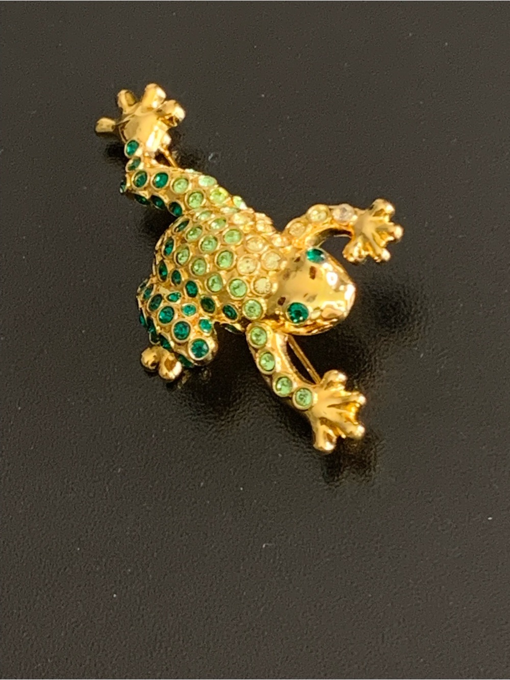 Vintage Monet Signed Frog Rhinestone Brooch Green & Clear / Gold Tone